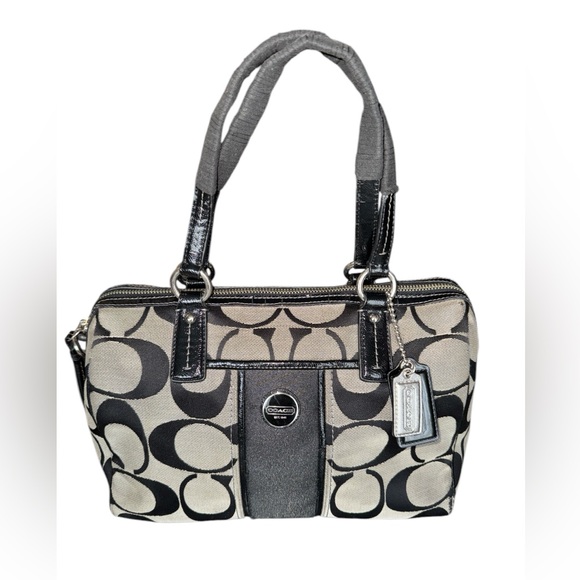 Coach Signature Print Satchel Black & Grey Handbag. 12x8x5 Inches GUC - Picture 2 of 10